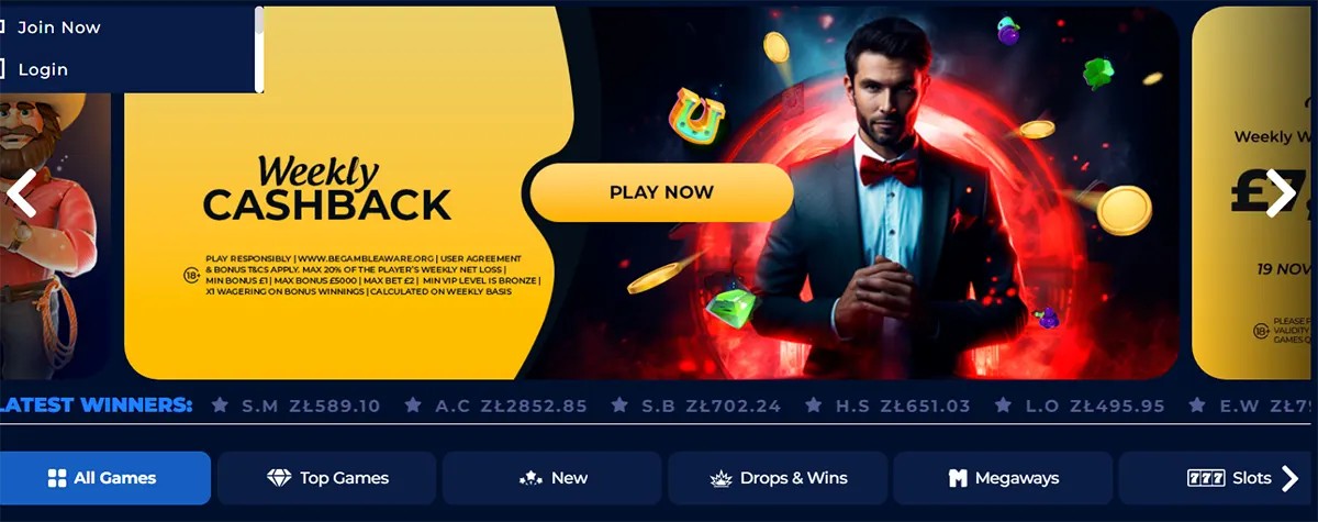 Casino promo carousel banner for “Weekly Cashback” with a yellow info panel and “Play Now” button; on the right, a man in a tuxedo stands in front of a red glowing circle with floating coins and colorful gem icons, over a dark blue site background with navigation tabs below.