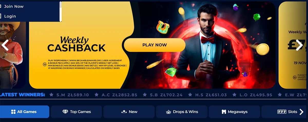 Casino promo carousel banner for “Weekly Cashback” with a yellow info panel and “Play Now” button; on the right, a man in a tuxedo stands in front of a red glowing circle with floating coins and colorful gem icons, over a dark blue site background with navigation tabs below.