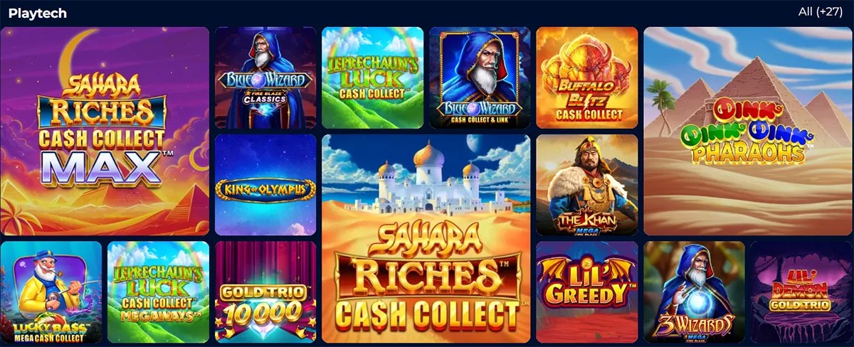 Playtech games section showing a grid of slot thumbnails, including “Sahara Riches Cash Collect MAX,” “Sahara Riches Cash Collect,” “King of Olympus,” “Leprechaun’s Luck Cash Collect,” “Buffalo Blitz Cash Collect,” and “Qin’s Qin’s Pharaohs,” on a dark blue casino interface with an “All (+27)” filter in the top right.