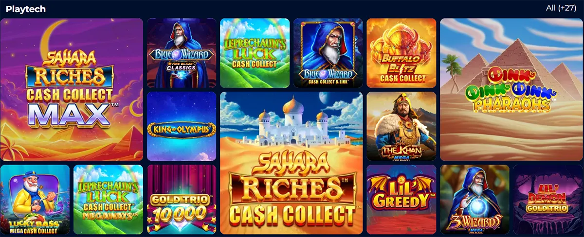 Playtech games section showing a grid of slot thumbnails, including “Sahara Riches Cash Collect MAX,” “Sahara Riches Cash Collect,” “King of Olympus,” “Leprechaun’s Luck Cash Collect,” “Buffalo Blitz Cash Collect,” and “Qin’s Qin’s Pharaohs,” on a dark blue casino interface with an “All (+27)” filter in the top right.